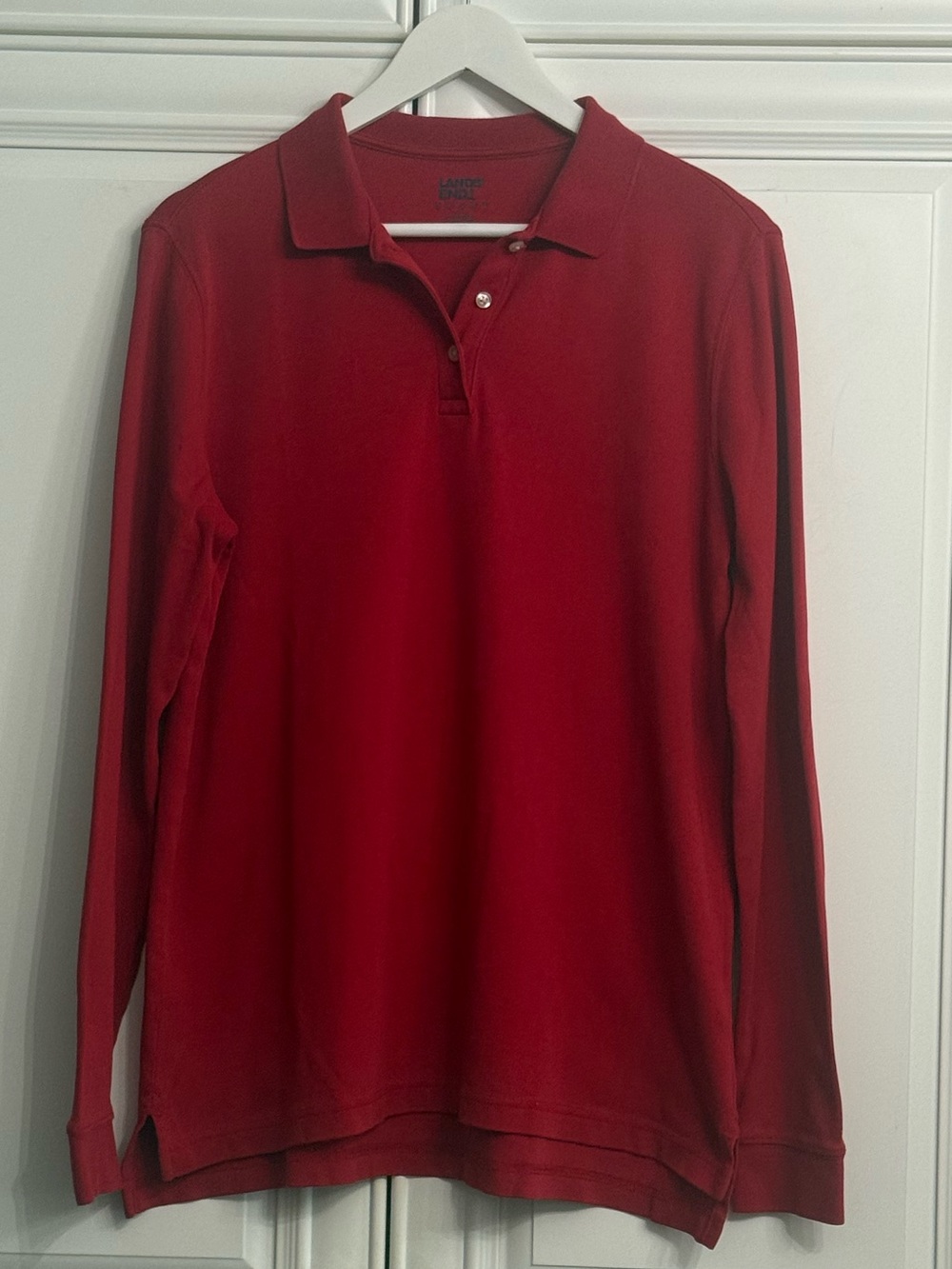 Lands' End Size Medium Tall Women's Long-Sleeve Interlock Polo Shirt in Red